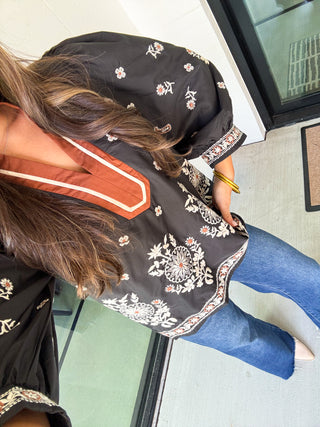 Elegant Embroidery Black Floral Top