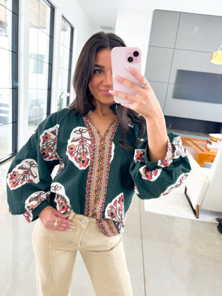 green floral boho blouse