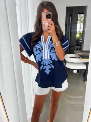 No Big Deal Navy Embroidered Top