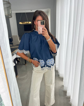 Ever So Sweet Embroidered Top-Navy