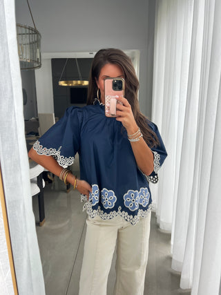 Ever So Sweet Embroidered Top-Navy