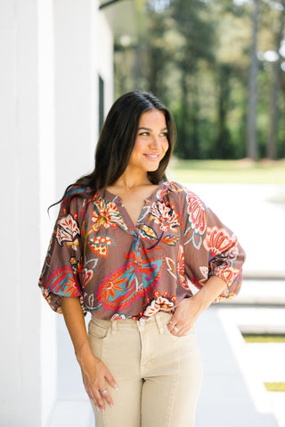Autumn Muse Printed Blouse-Brown