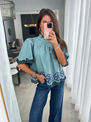 Ever So Sweet Embroidered Top-Sage