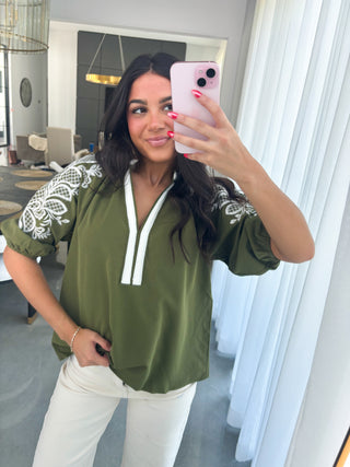 Oh So Elegant Embroidered Olive Top