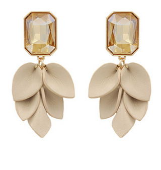 Beige Leather Leaf & Stone Earrings