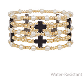 Black and Pearl Cross Bracelet Set