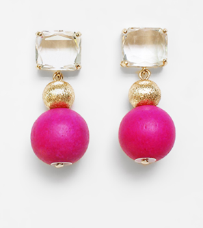 Pink drop earrings with clear crystal studs, gold accents, and bold fuchsia beads.