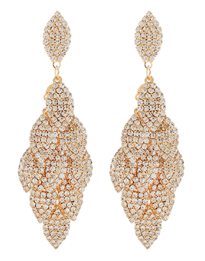Gold leaf chandelier earrings encrusted with pave crystals; glamorous statement jewelry.