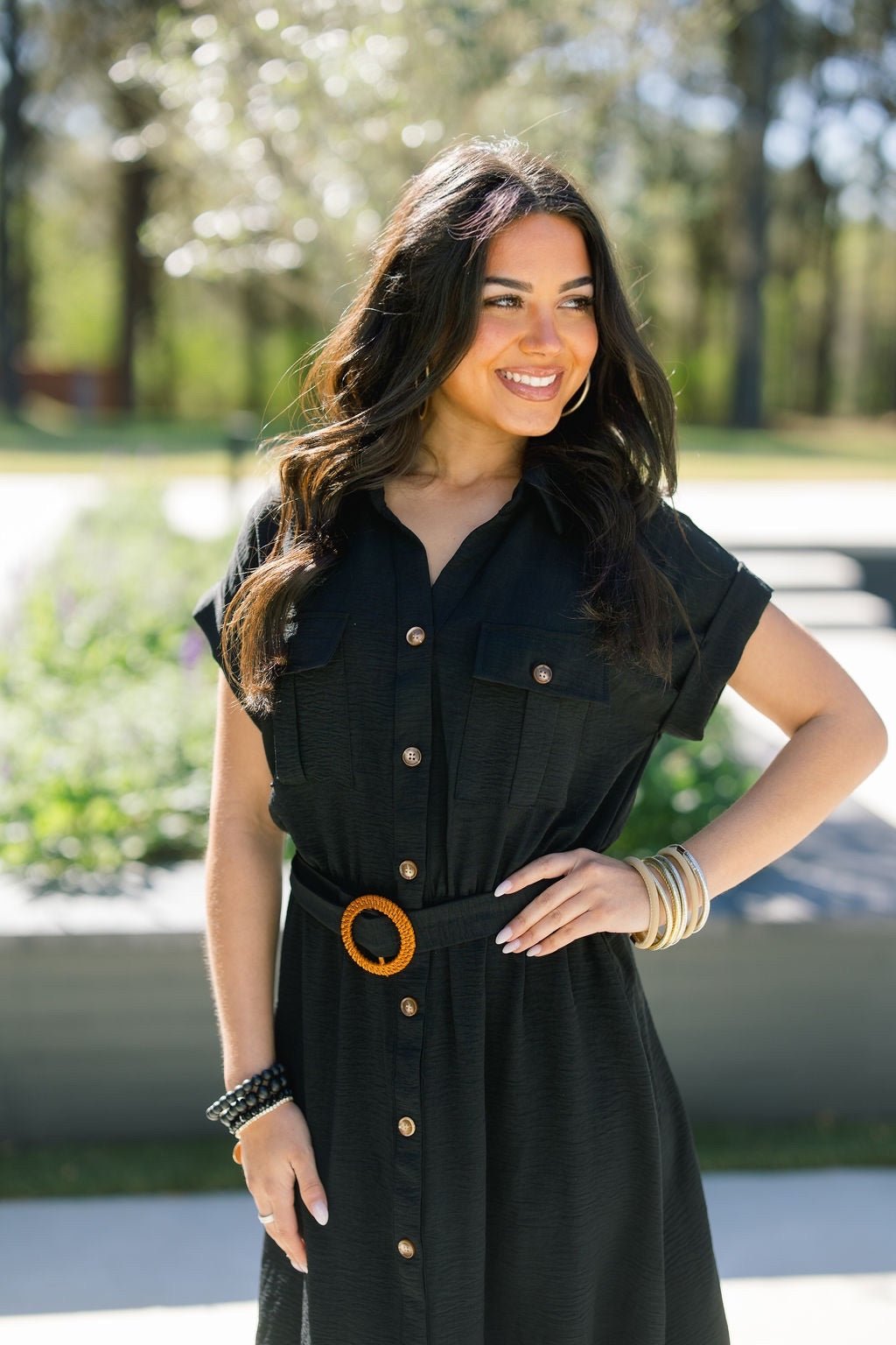 Belted Utility Shirt Dress Black