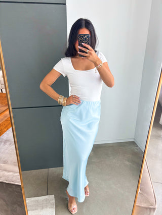 Serene Light Blue Satin A-Line Maxi Skirt