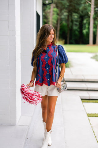 Navy Scallop Eyelet Blouse - Instyle Boutique