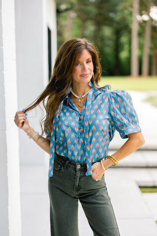 Slate Blue Floral Top - Instyle Boutique