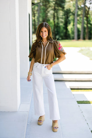 Cocoa Garden Embroidered Puff Sleeve Top - Instyle Boutique