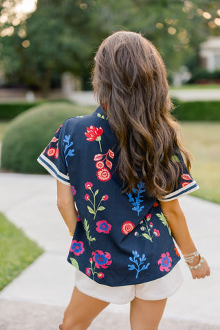 Navy Blooms Front Zip Top - Instyle Boutique