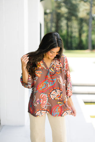 Autumn Muse Printed Blouse-Brown