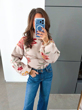 Petal Pretty Beige Floral Mock Neck Sweater Top - Instyle Boutique