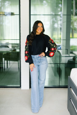 Every Now And Then Embroidered Black Top