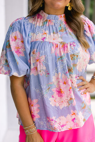 Periwinkle Floral Eyelet Puff Sleeve Top - Instyle Boutique