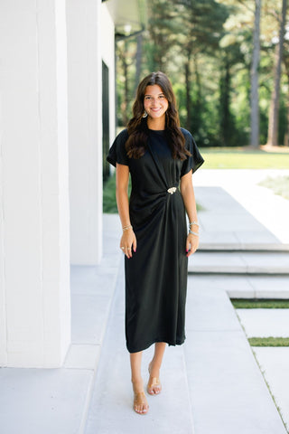 Black Satin Ruched Midi Dress - Instyle Boutique