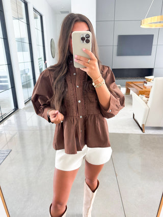 Before You Go Brown Peplum Top