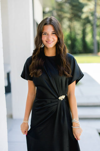 Black Satin Ruched Midi Dress - Instyle Boutique