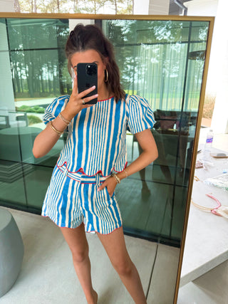 Coastal Stripe Puff Sleeve Top & Shorts Set - Instyle Boutique