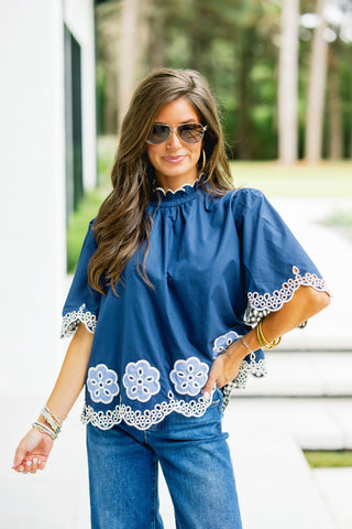Ever So Sweet Embroidered Top-Navy