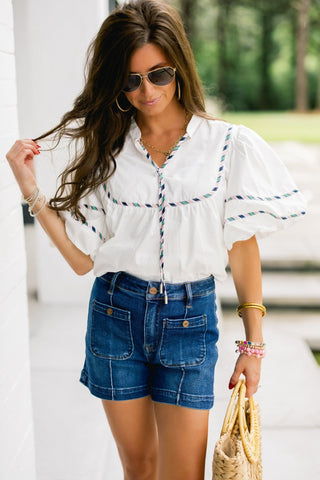 White Embroidered Trim Puff Sleeve Top - Instyle Boutique