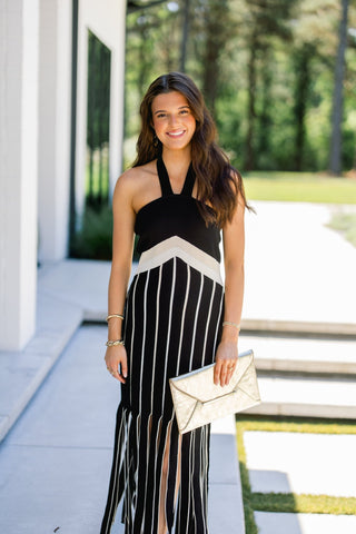 Black & Cream Stripe Cross - Halter Knit Midi Dress - Instyle Boutique