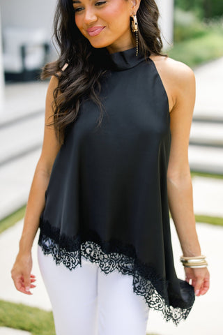 Black Satin Halter Top with Lace Hem - Instyle Boutique