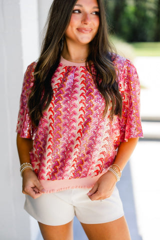 Coral Confetti Sequin Top - Instyle Boutique