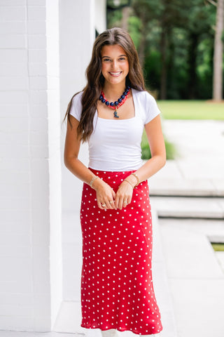 Red Velvet Dot Satin Maxi Skirt - Instyle Boutique