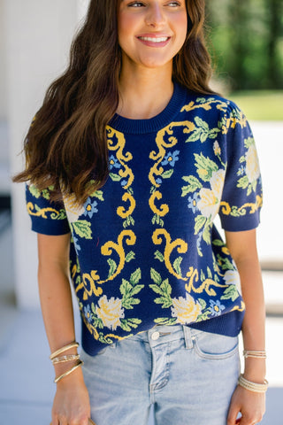 Navy Floral Short Sleeve Sweater Top - Instyle Boutique