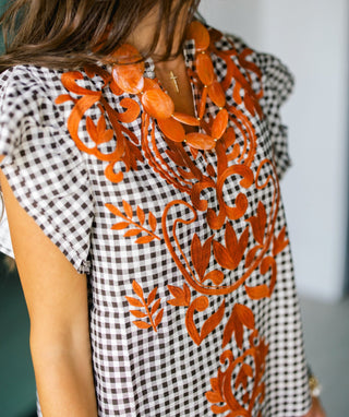 Harvest Check Orange Embroidered Top - Instyle Boutique