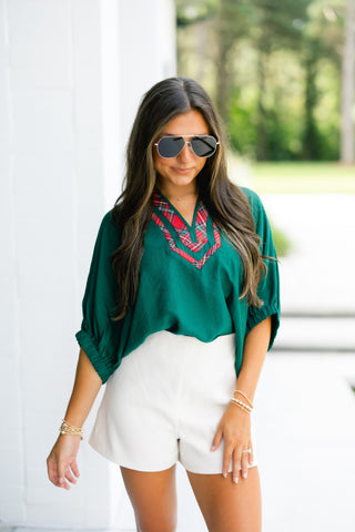Green Dolman Sleeve Top with Red Plaid Trim