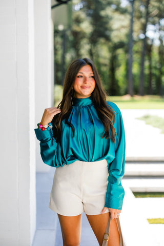 She's The Moment Teal Satin Top - Instyle Boutique