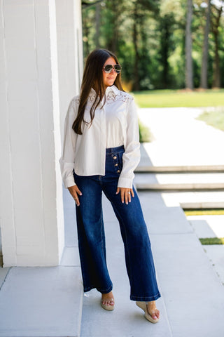 White Lace Cutout Button-Down Shirt - Instyle Boutique