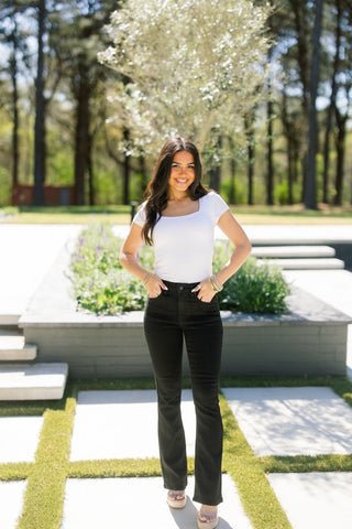 Sculpt & Flare: Mid - Rise Slim Bootcut Jeans in Onyx Black - Instyle Boutique