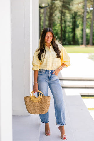 Butter Yellow Textured Puff Sleeve Button - Down Top - Instyle Boutique