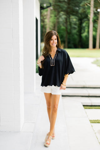 Wild Edge – Scallop Trim Collared Top - Instyle Boutique