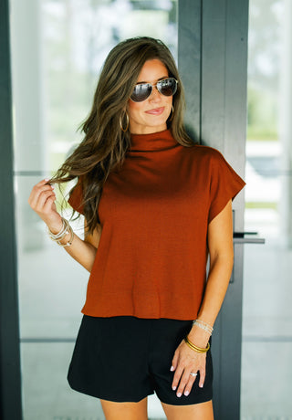 More Time Please Mock Neck Top-Rust