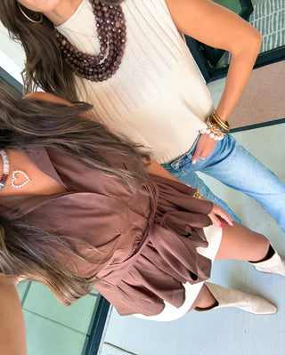 Flutter & Tie Ruffle Top-Brown