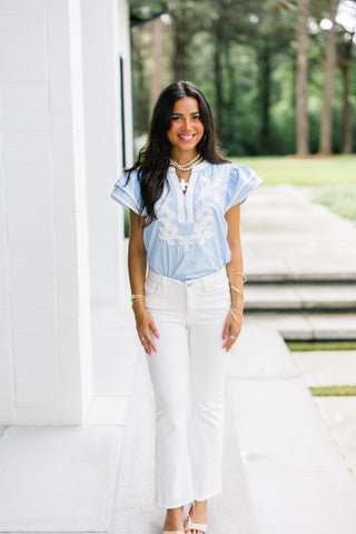 Sky Blue Floral Applique Flutter Sleeve Top - Instyle Boutique
