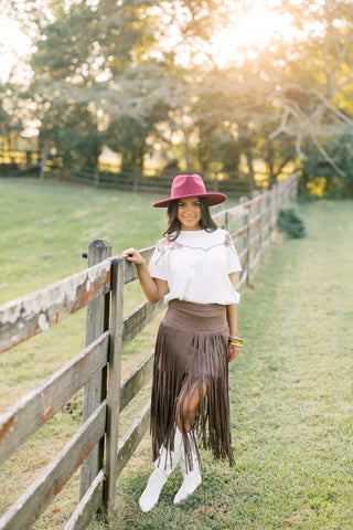 Sophie Suede Fringe Midi Skirt