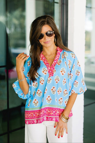 Lush Floral Blue Top - Instyle Boutique