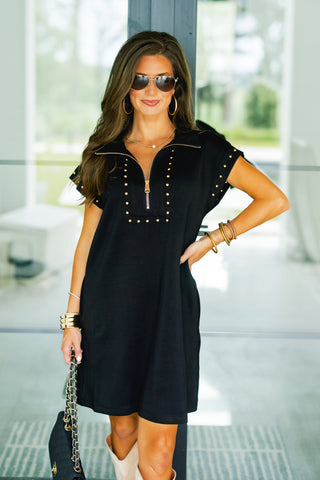 Starlight Studded Black Zip Dress