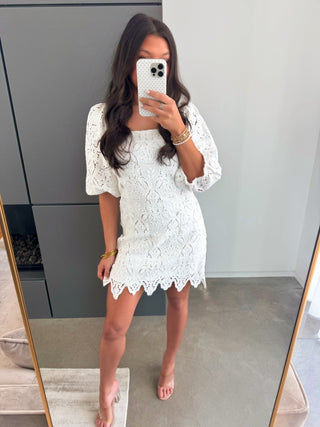 Everly Scalloped Square Neck White Lace Mini Dress - Instyle Boutique