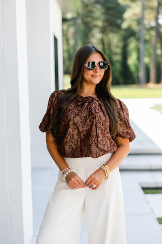 Chocolate Floral Bow Detail Top - Instyle Boutique