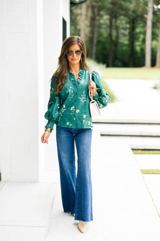 Stolen Moments Hunter Green Floral Top