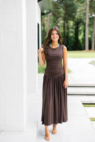 Favorite Brown Knit Ruched Maxi Dress - Instyle Boutique
